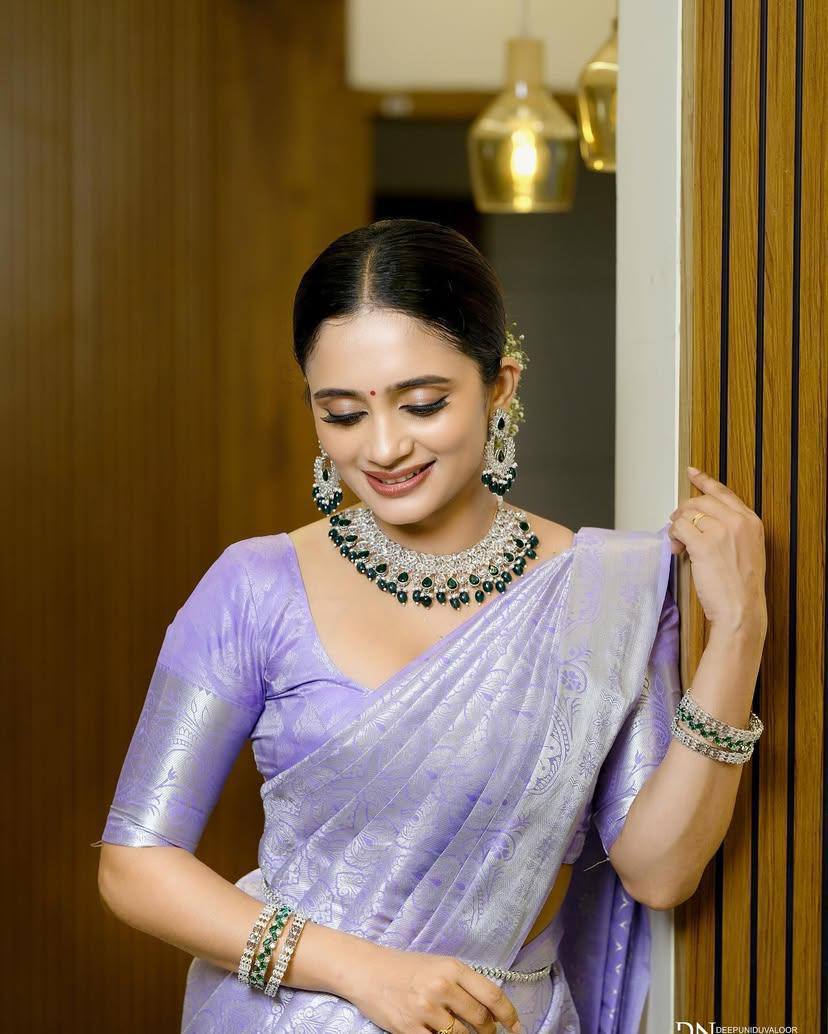 Elegant Purple Kanjivaram Silk Saree with Contrast Border and Zari Work
