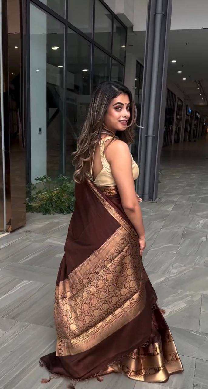 Brown Silk Saree with Gold Zari Border and Pallu