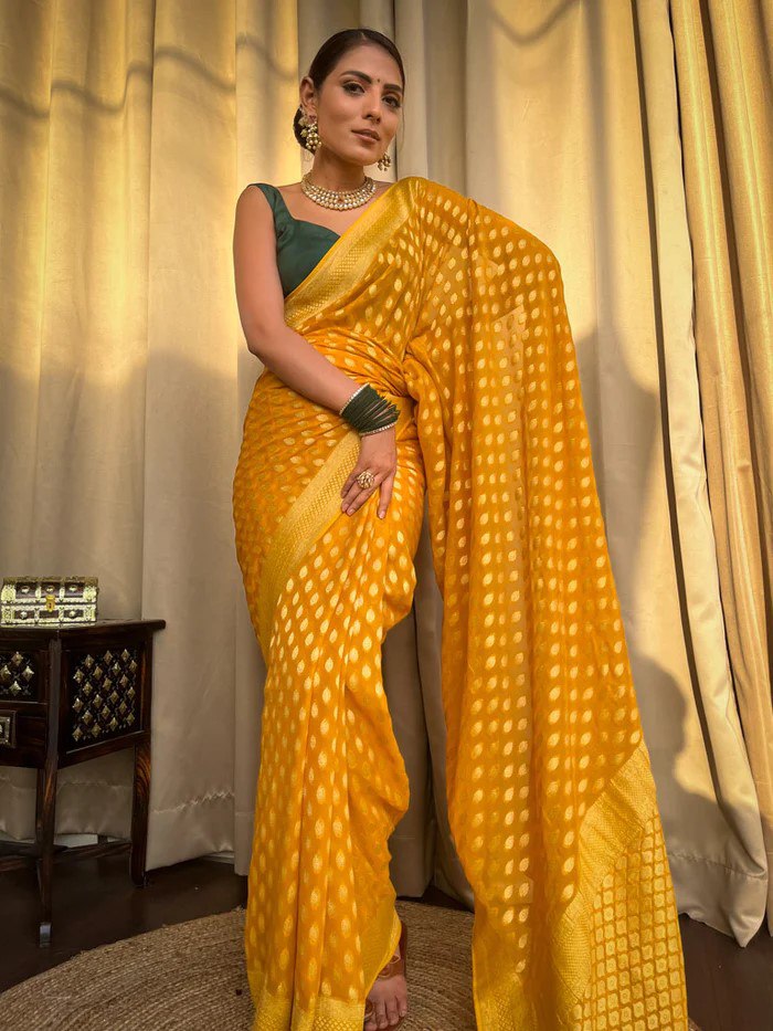 Yellow Banarasi Silk Saree with Green Blouse