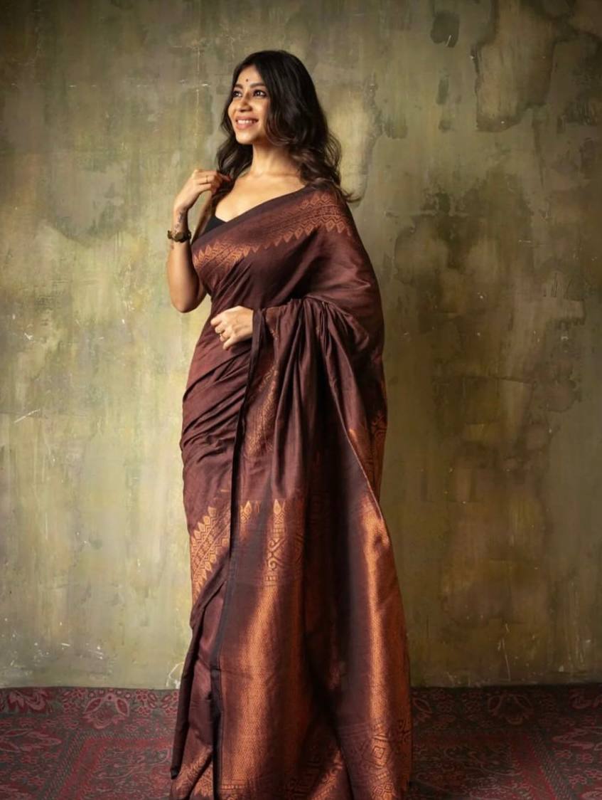Elegant Chocolate Brown Silk Saree with Golden Zari Border