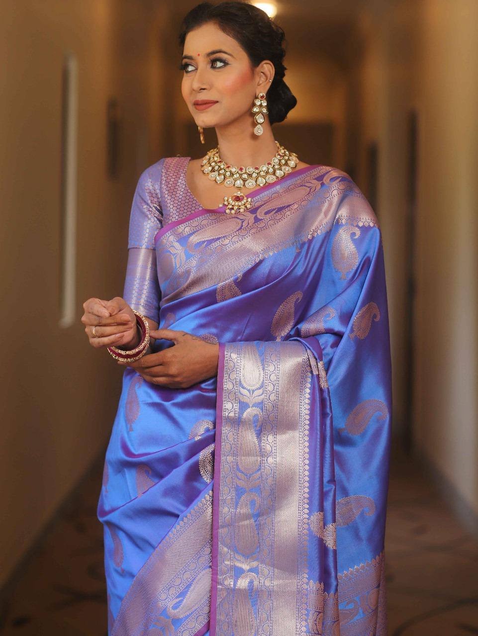 Elegant Blue Banarasi Silk Saree with Silver Zari Work
