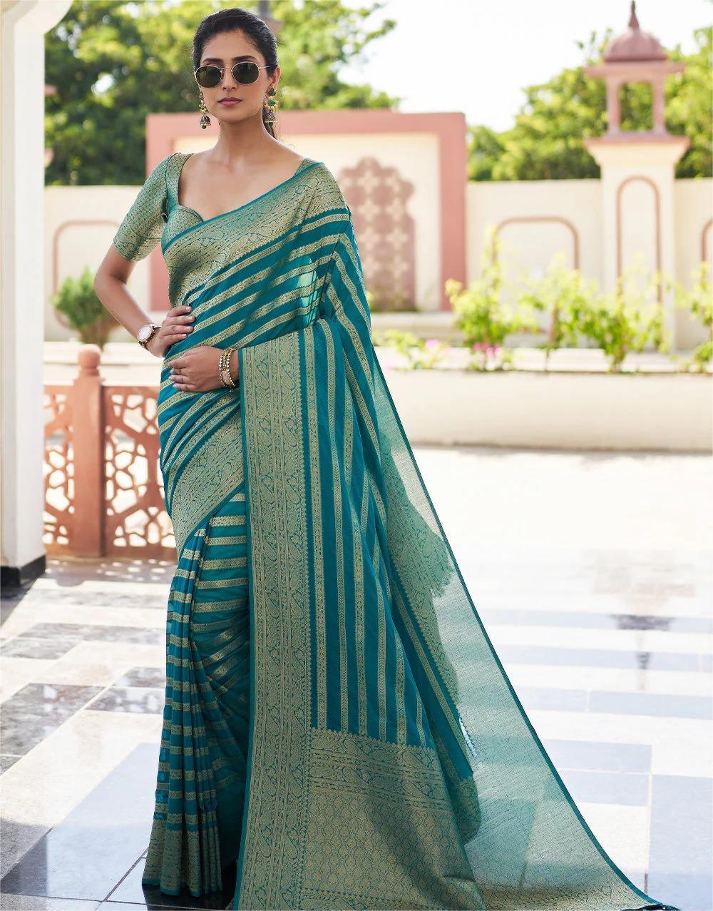 Elegant Sea Green Banarasi Silk Saree with Golden Zari Stripes