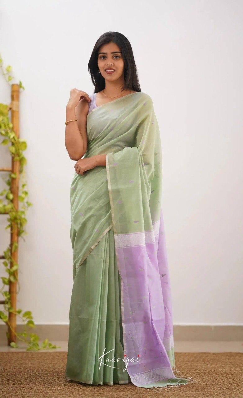 Pastel Green Linen Saree with Lavender Border