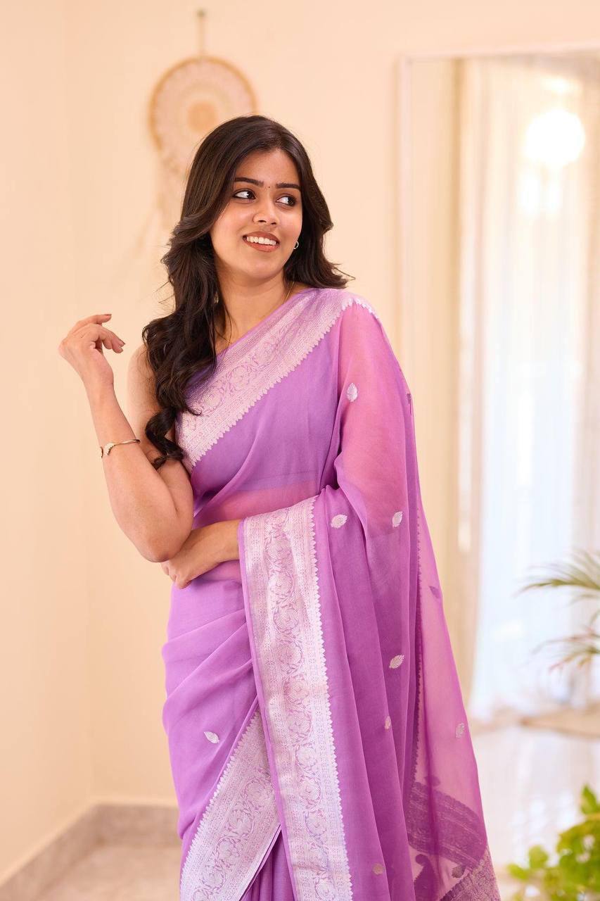 Purple Banarasi Silk Saree with Silver Zari Border