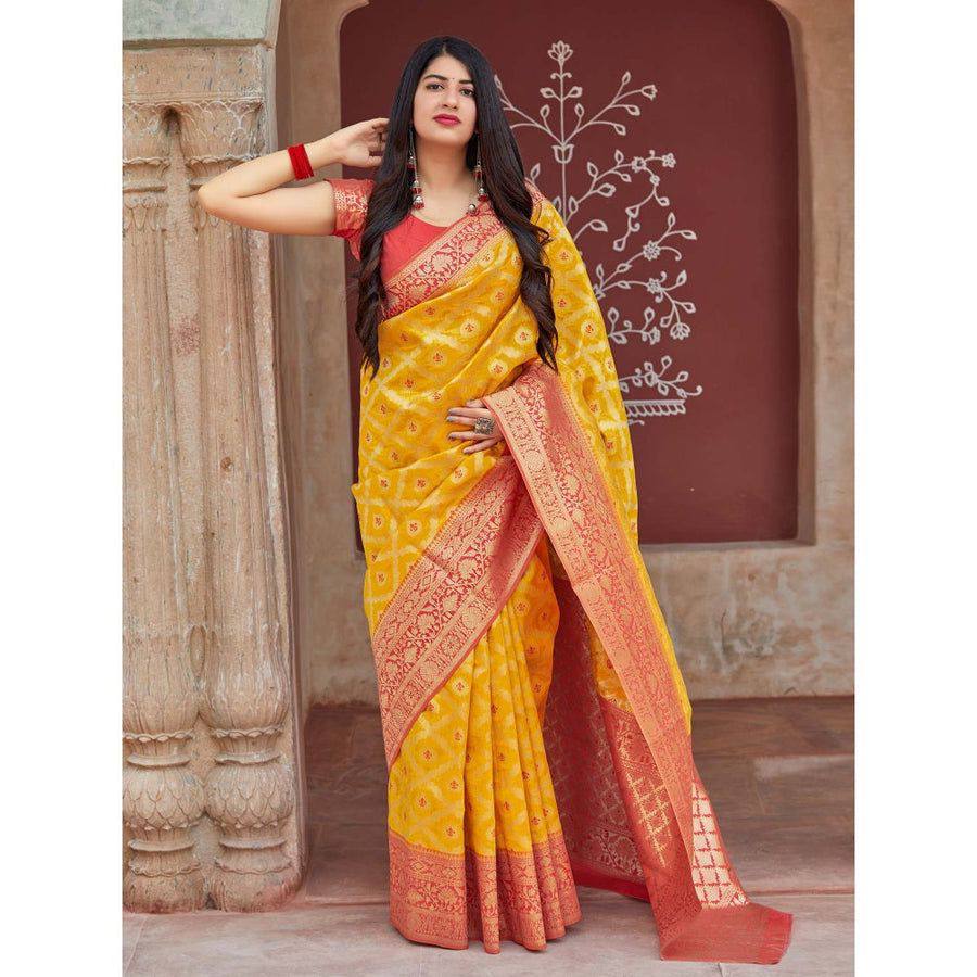 Yellow Banarasi Silk Saree with Red Border and Unstitched Blouse