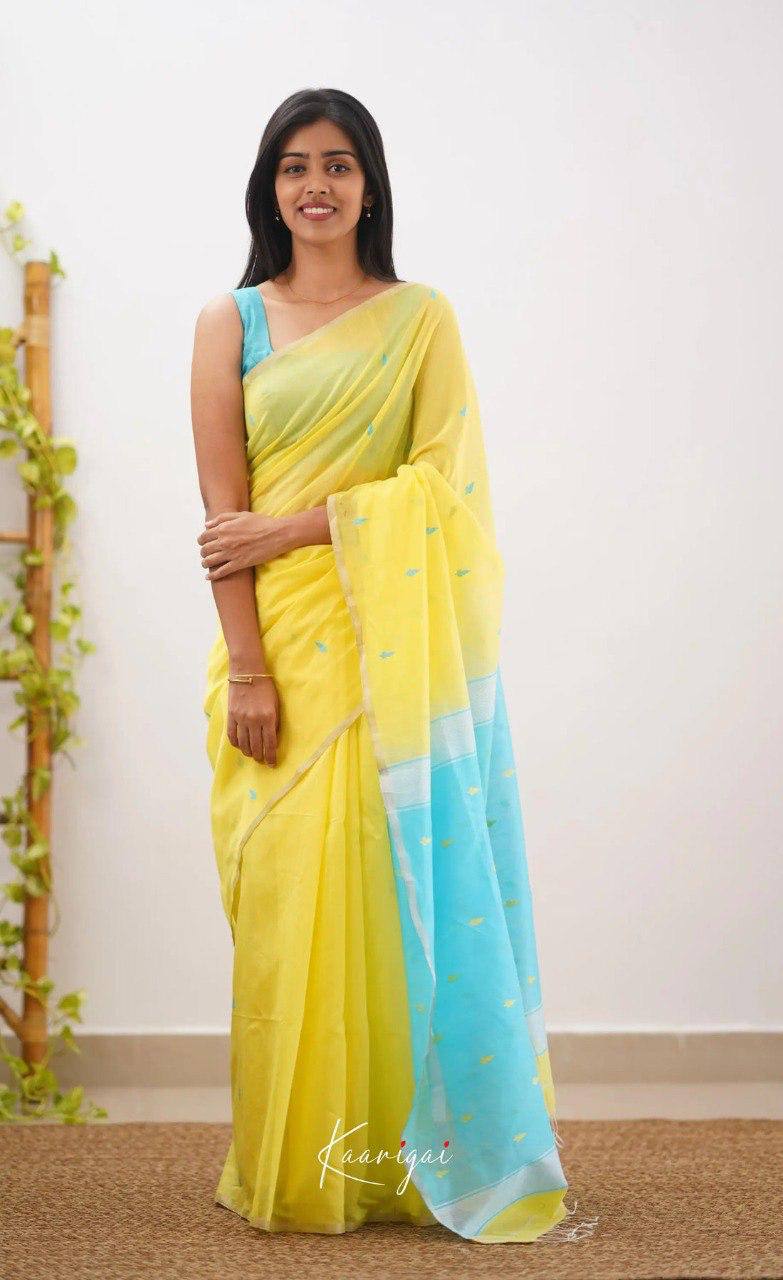 Yellow Linen Saree with Blue Border and Buttas