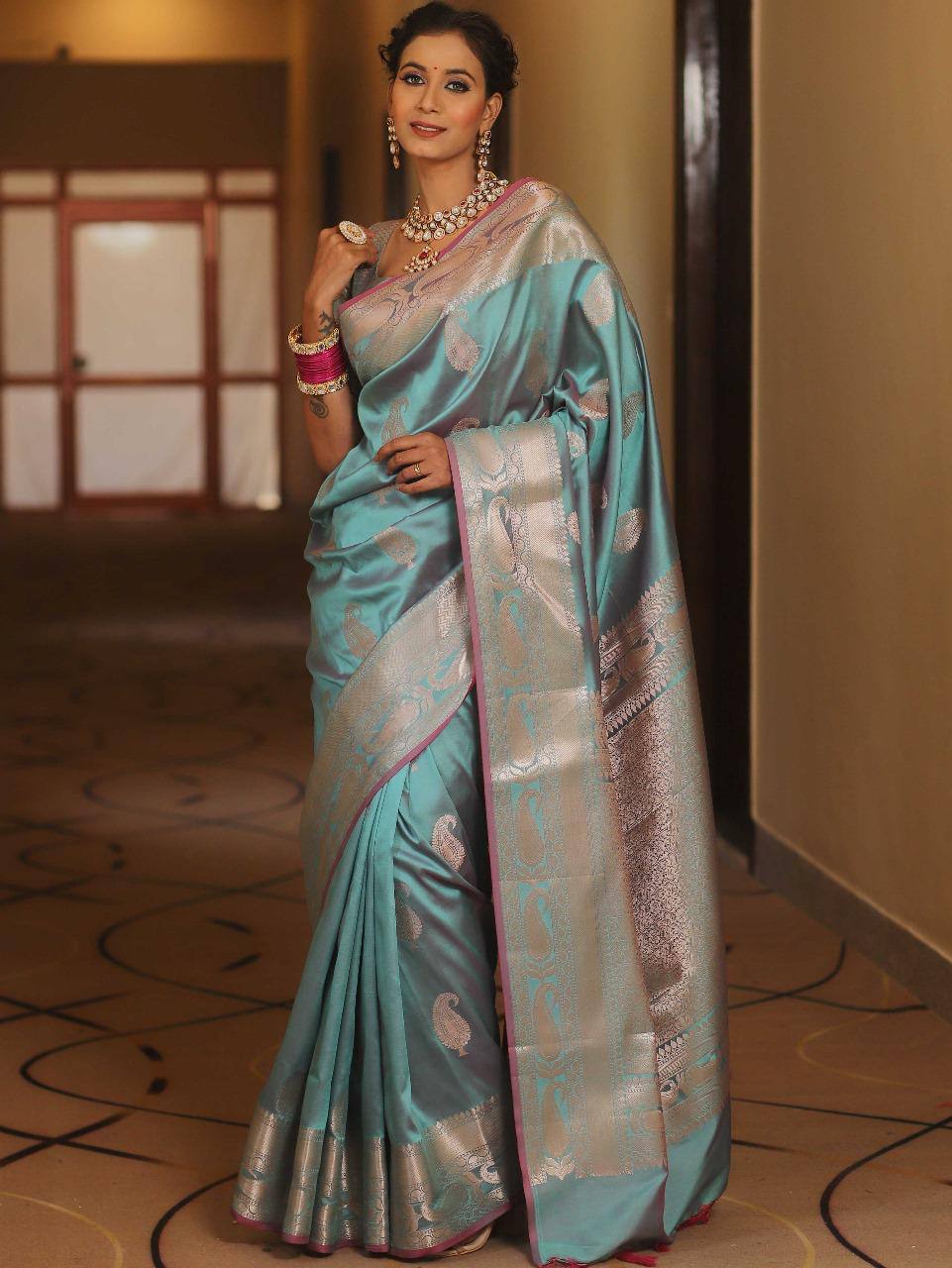 Elegant Turquoise Blue Kanjivaram Silk Saree with Silver Zari Border