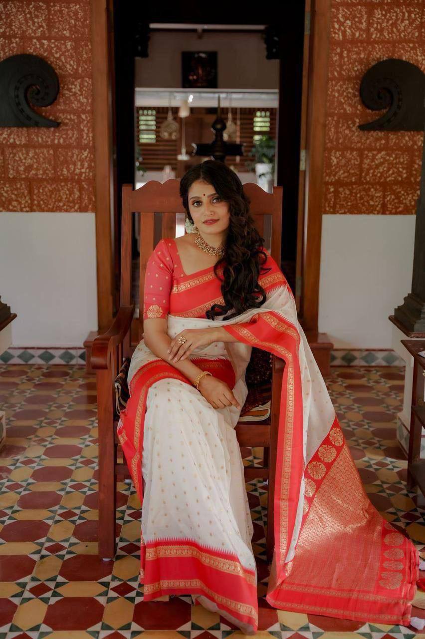 Traditional Kerala Kasavu Saree White with Red and Gold Border