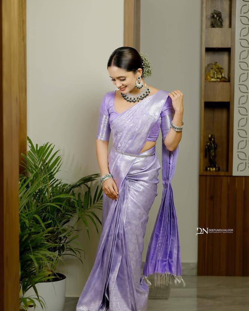 Elegant Purple Kanjivaram Silk Saree with Contrast Border and Zari Work