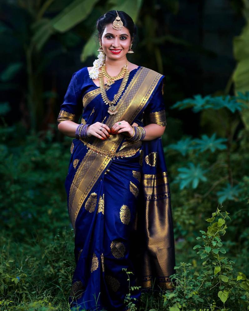 Royal Blue Kanjivaram Silk Saree with Golden Zari Motifs and Border