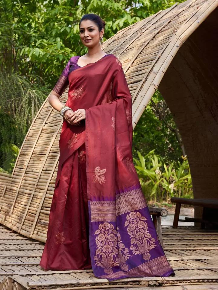 Maroon Banarasi Silk Saree with Purple Zari Border and Floral Motifs