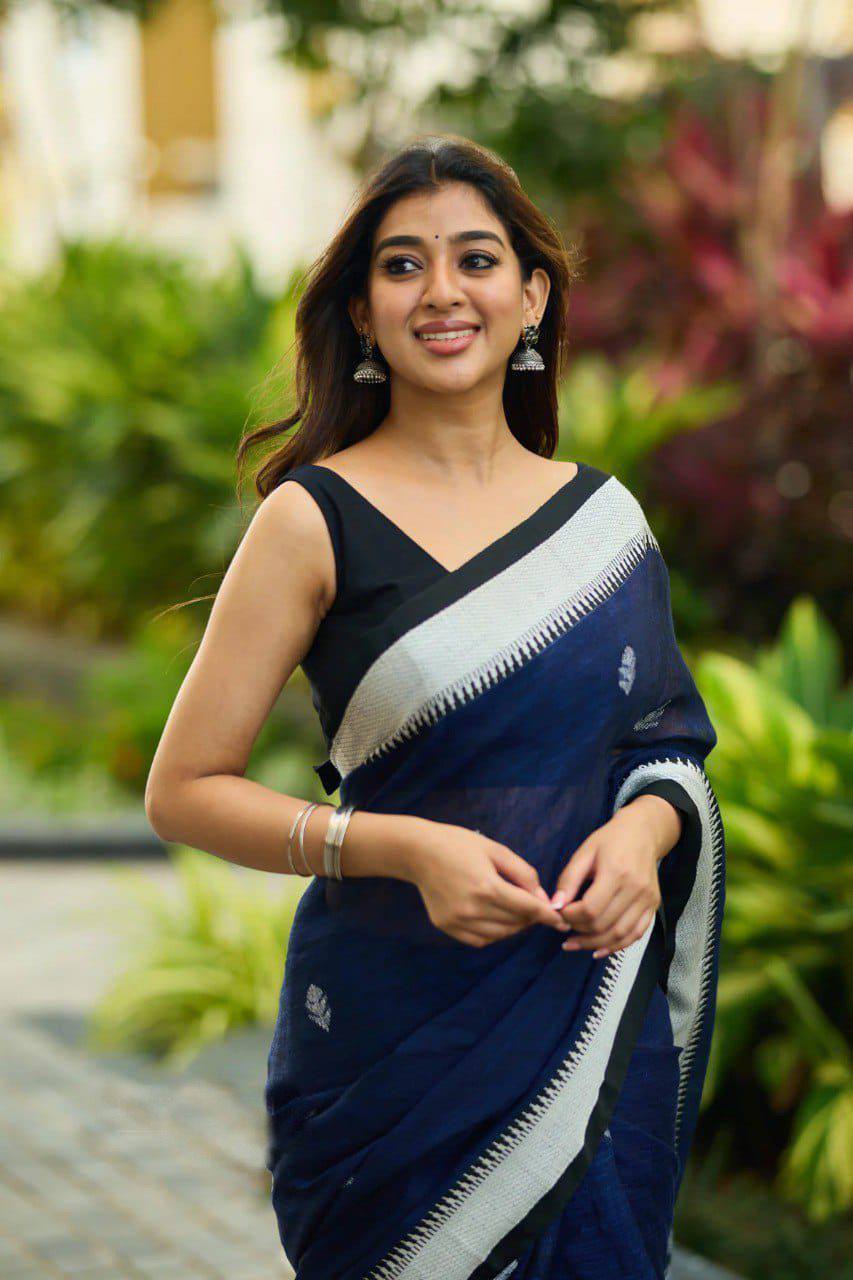 Navy Blue Handloom Saree with Silver Border and Contrast Black Blouse