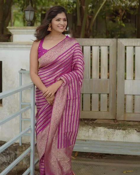 Purple Banarasi Silk Saree with Golden Zari Stripes
