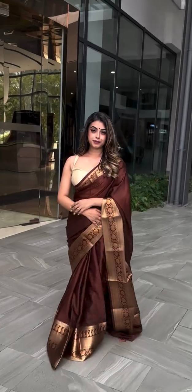 Brown Silk Saree with Gold Zari Border and Pallu