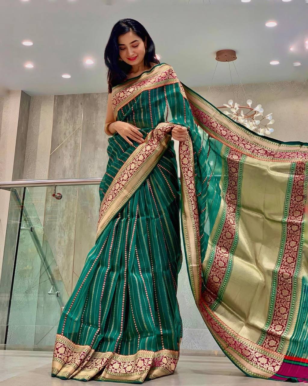 Green Silk Saree with Zari Border and Pink Embroidered Pallu