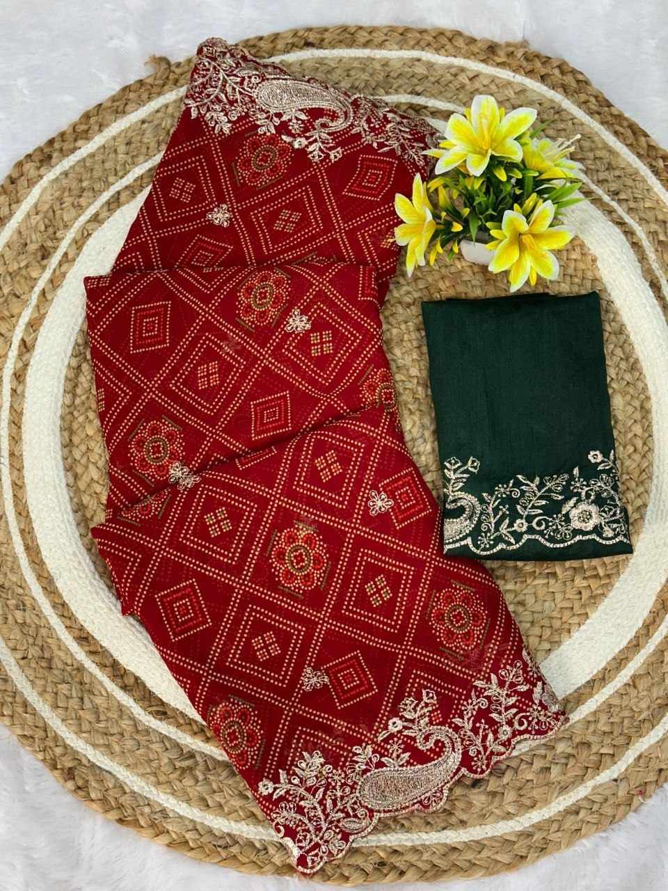 Women's Red Georgette Bandhej Print Embroidered Saree with Contrast Green Mono Silk Blouse