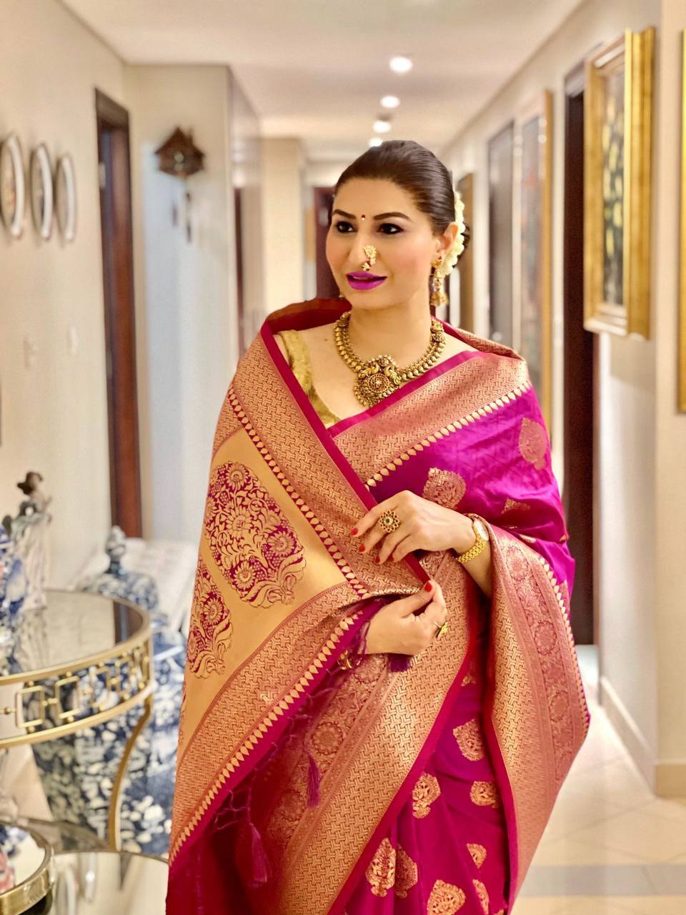 Banarasi Silk Saree with Golden Zari Work Magenta Pink