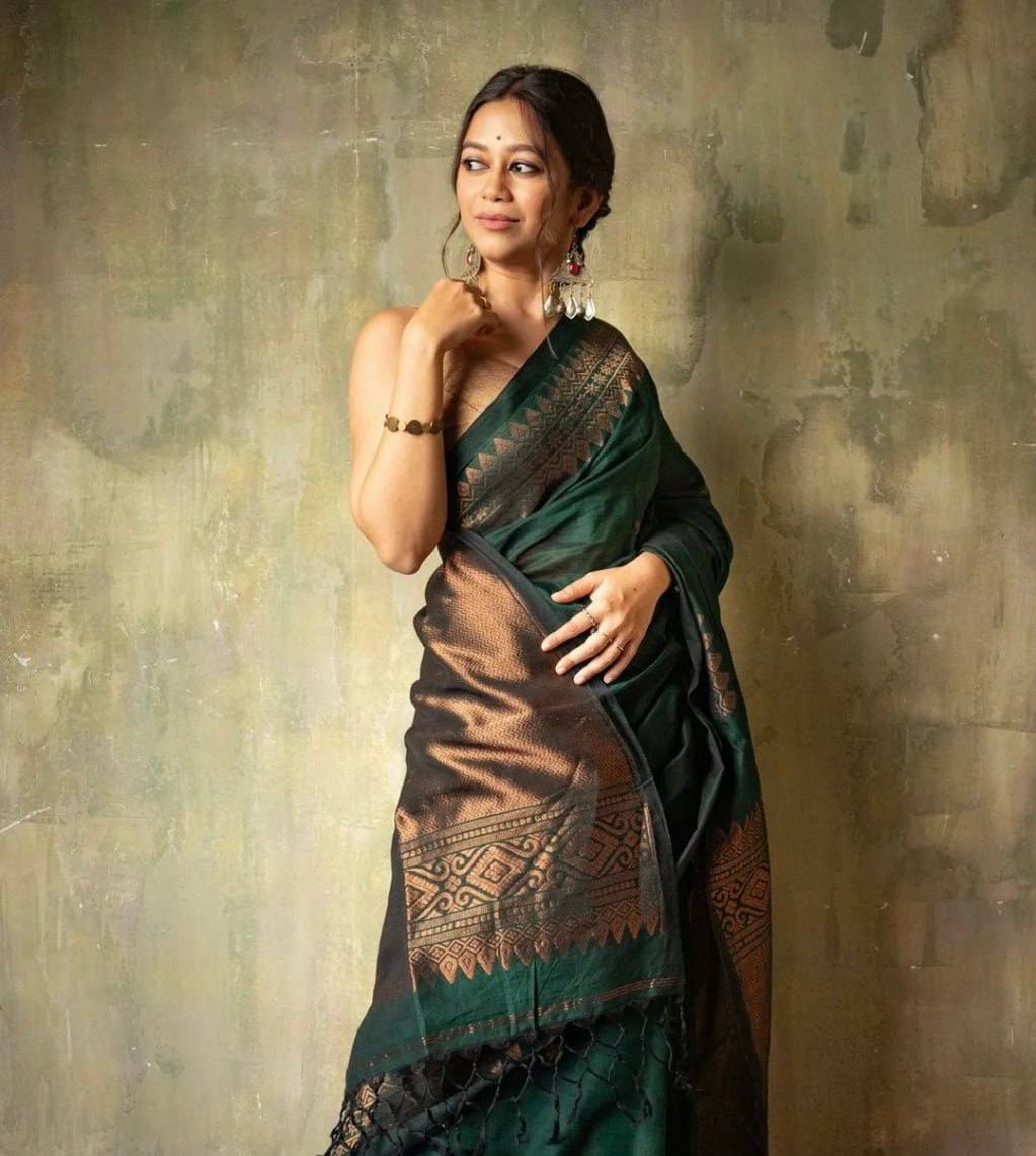 Women's Handloom Silk Saree with Woven Border in Deep Green and Bronze