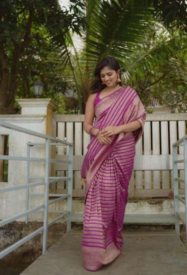 Purple Banarasi Silk Saree with Golden Zari Stripes