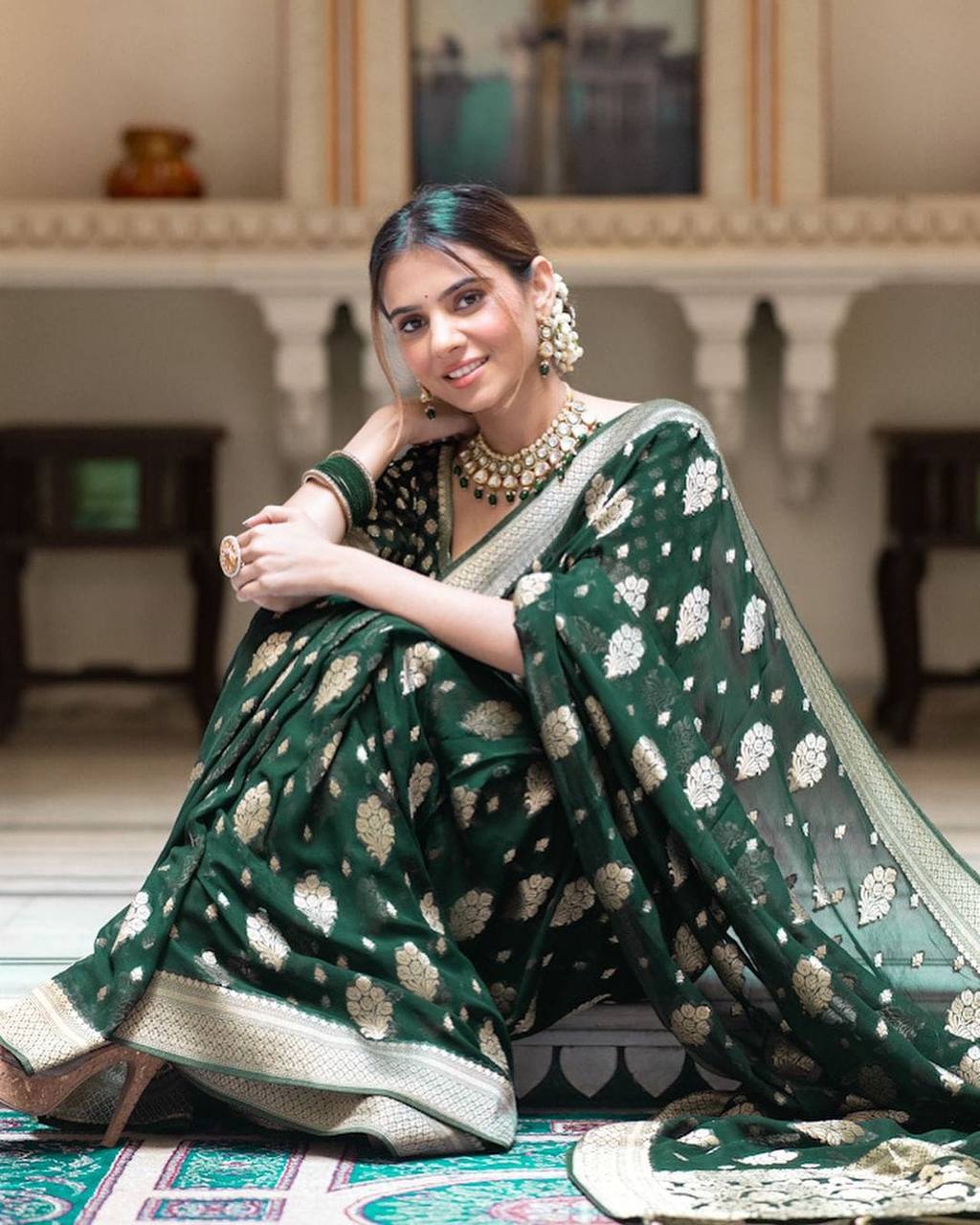 Elegant Green Banarasi Silk Saree with Gold Zari Work