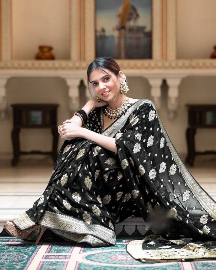Black Banarasi Silk Saree with Silver Zari Buti Work