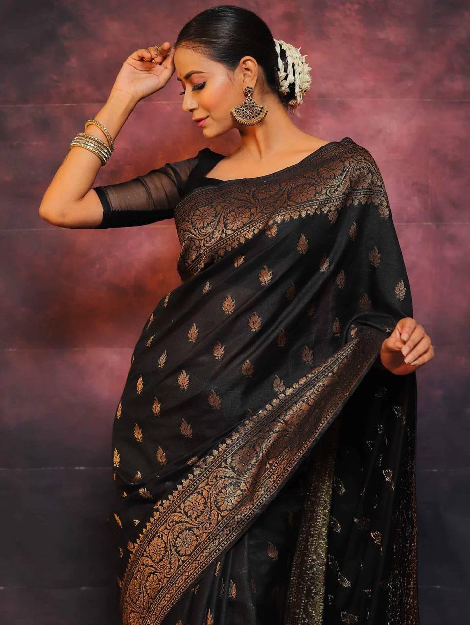 Black Silk Saree with Golden Zari Weaving and Sheer Blouse