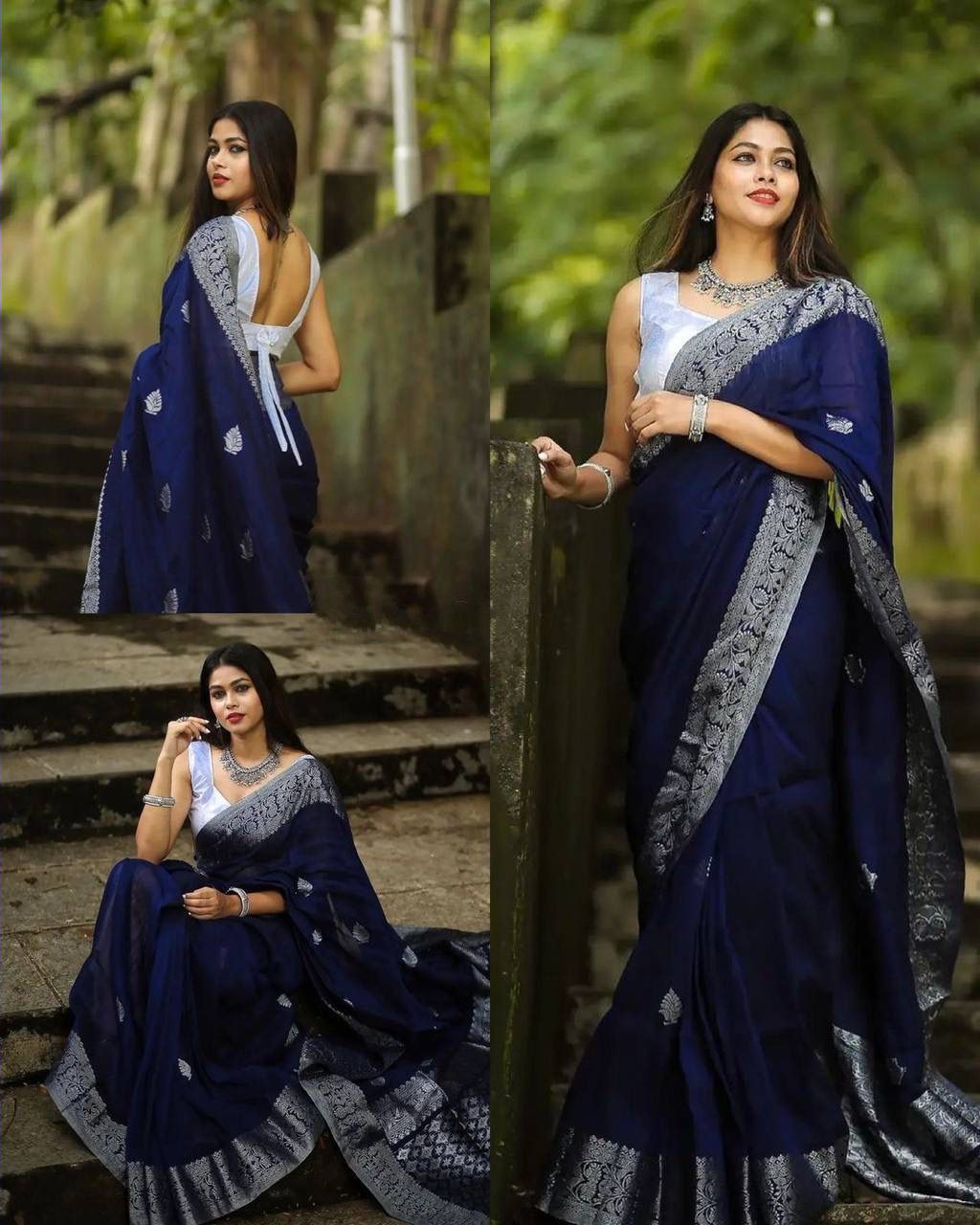 Navy Blue Banarasi Silk Saree with Silver Zari Border