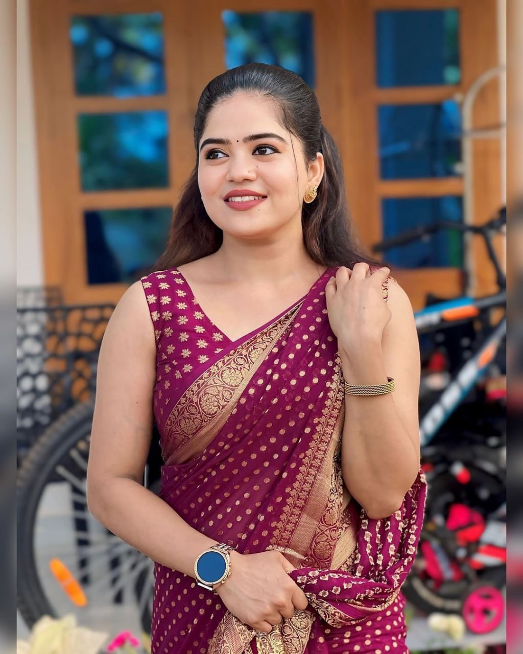 Maroon Banarasi Silk Saree with Golden Polka Dots and Zari Border