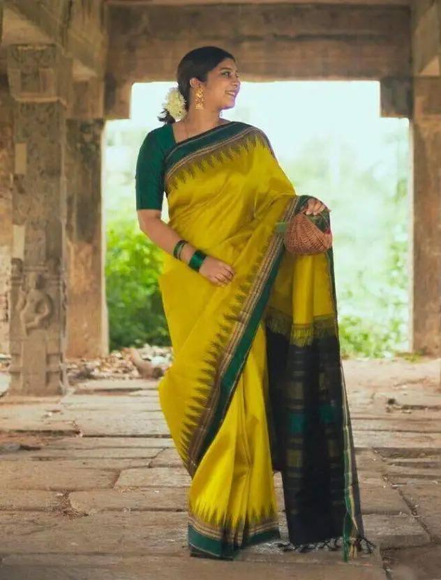 Yellow and Green Temple Border Silk Saree