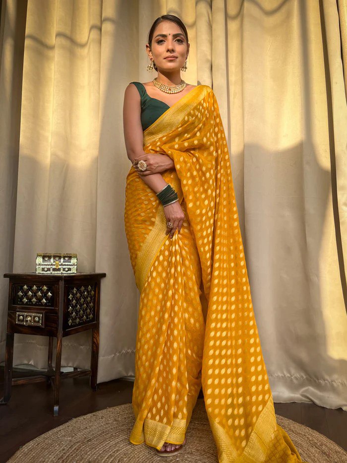 Yellow Banarasi Silk Saree with Green Blouse