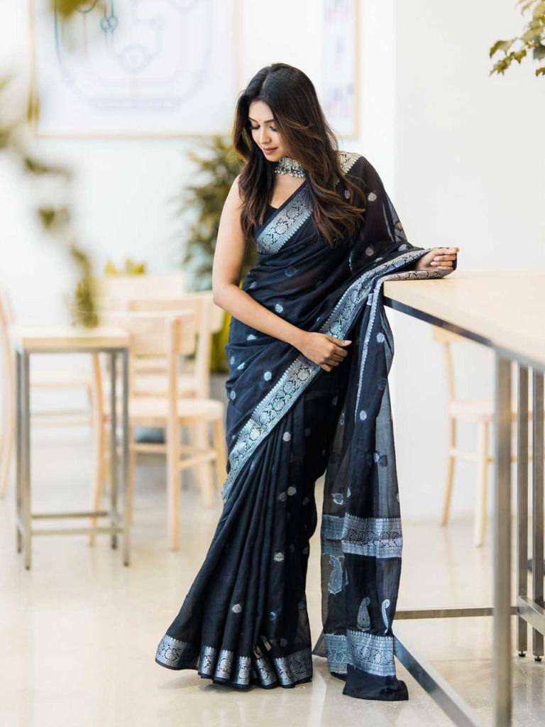 Black Silk Saree with Silver Zari Border and Butta Work