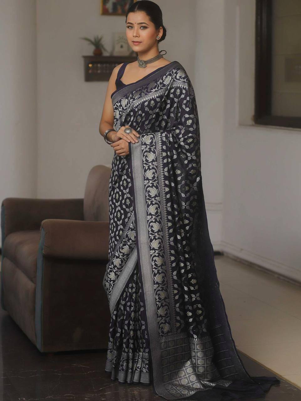 Black Banarasi Silk Saree with Silver Zari Work