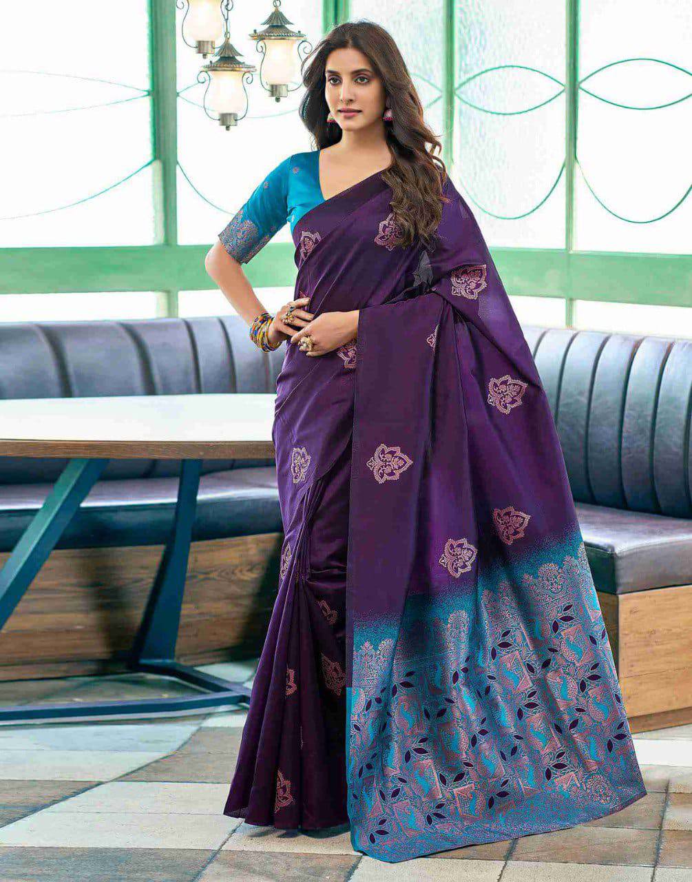 Purple Silk Saree with Blue Embroidered Border