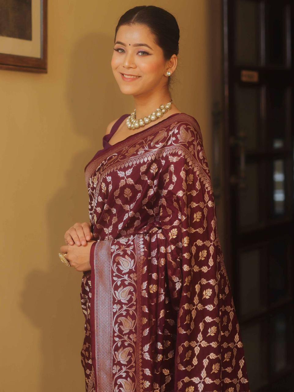 Burgundy Banarasi Silk Saree with Floral Zari Work