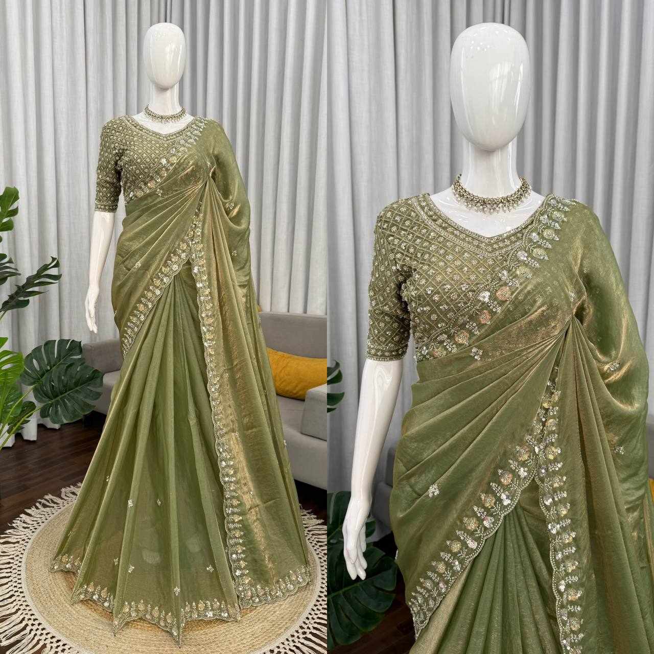 Women's Premium Shimmer Silk Embroidered Saree with Designer Blouse | Party & Festive Wear