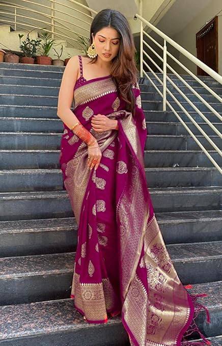 Magenta Banarasi Silk Saree with Golden Zari Work