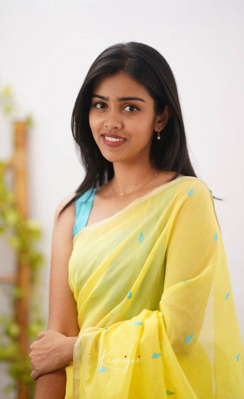 Yellow Linen Saree with Blue Border and Buttas