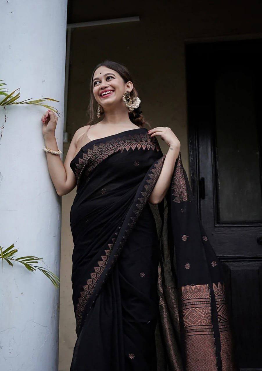 Black Tissue Saree with Copper Border and Ethnic Motifs