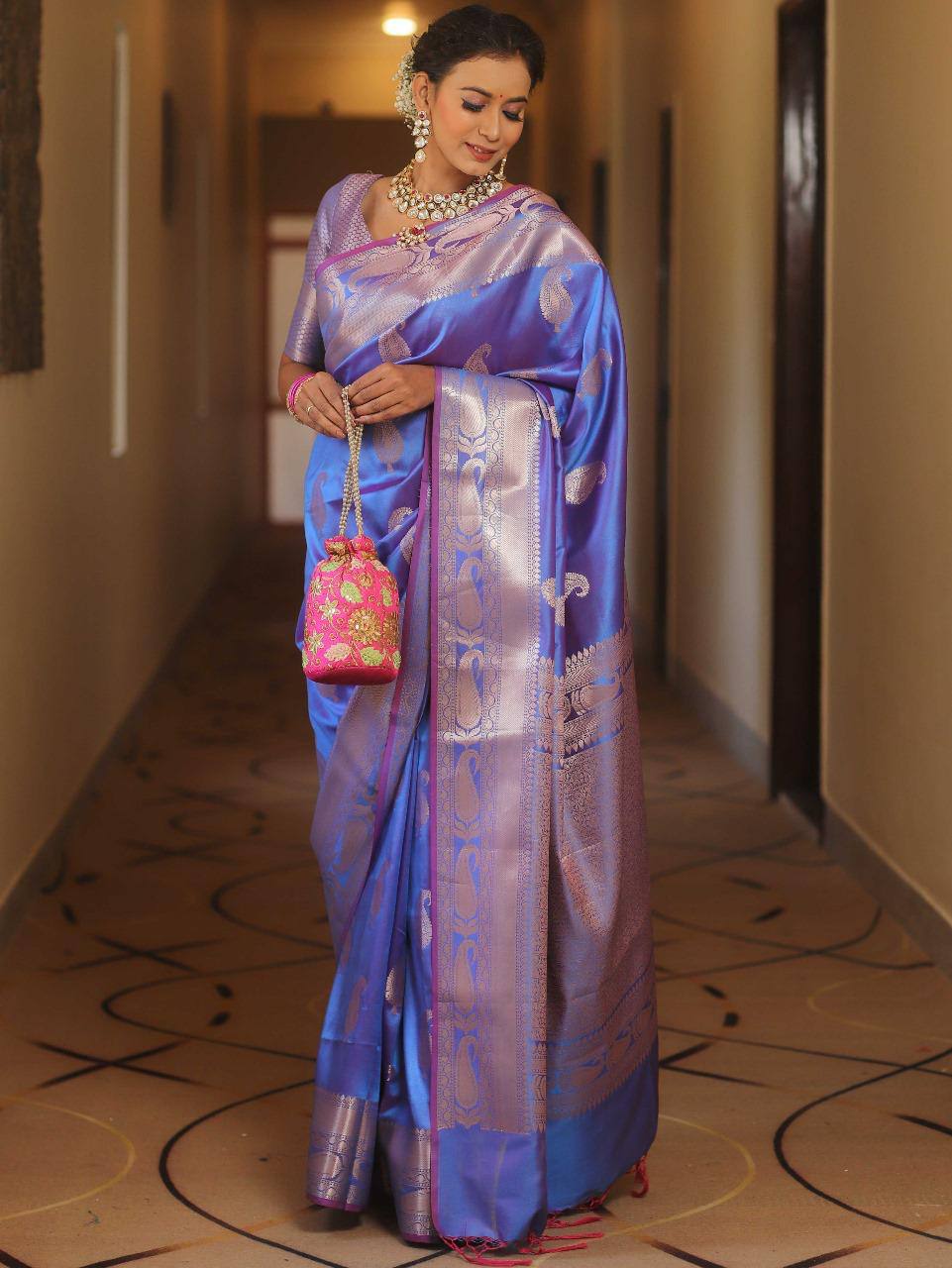 Elegant Blue Banarasi Silk Saree with Silver Zari Work