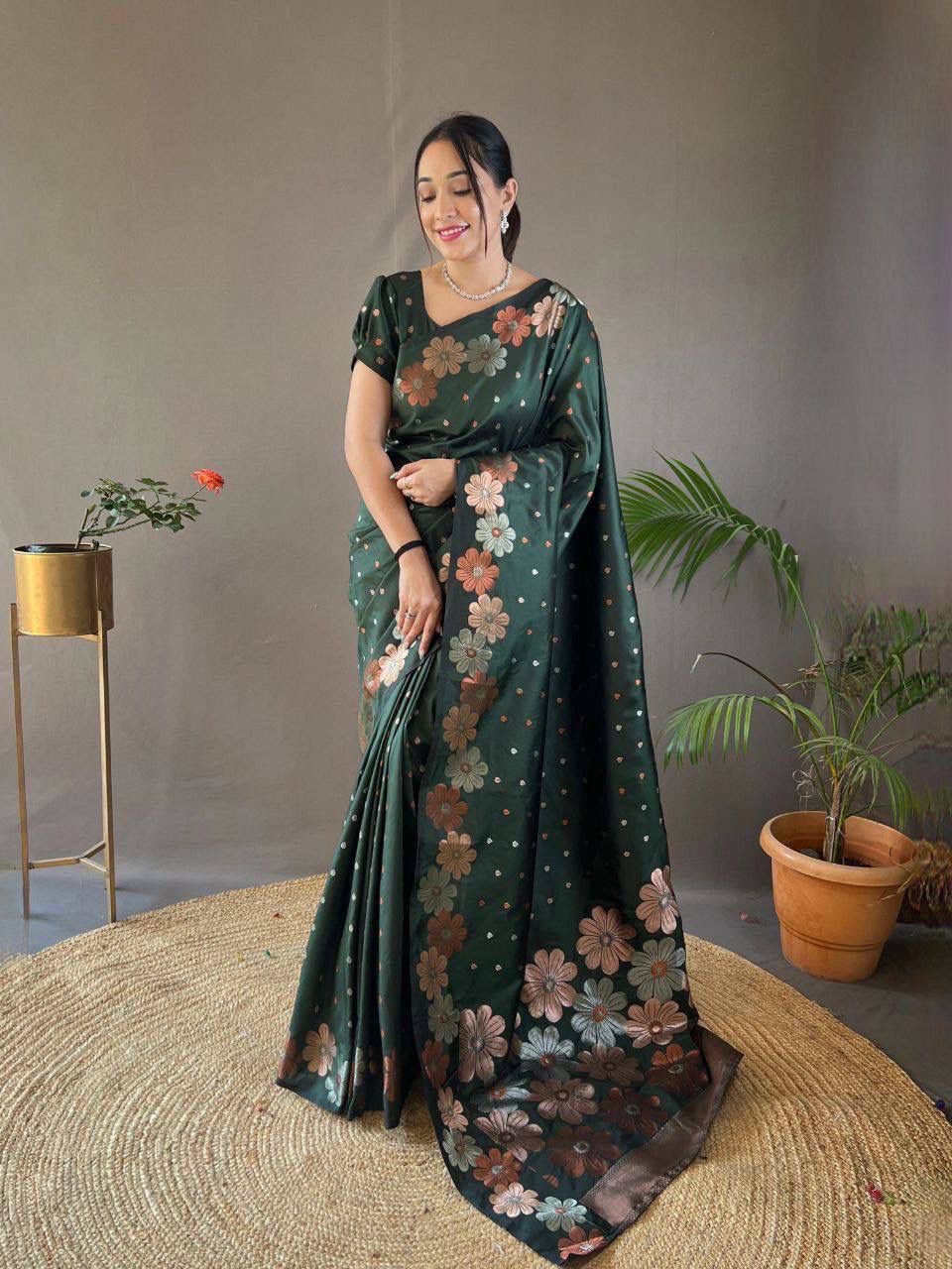 Green Floral Embroidered Saree with Blouse