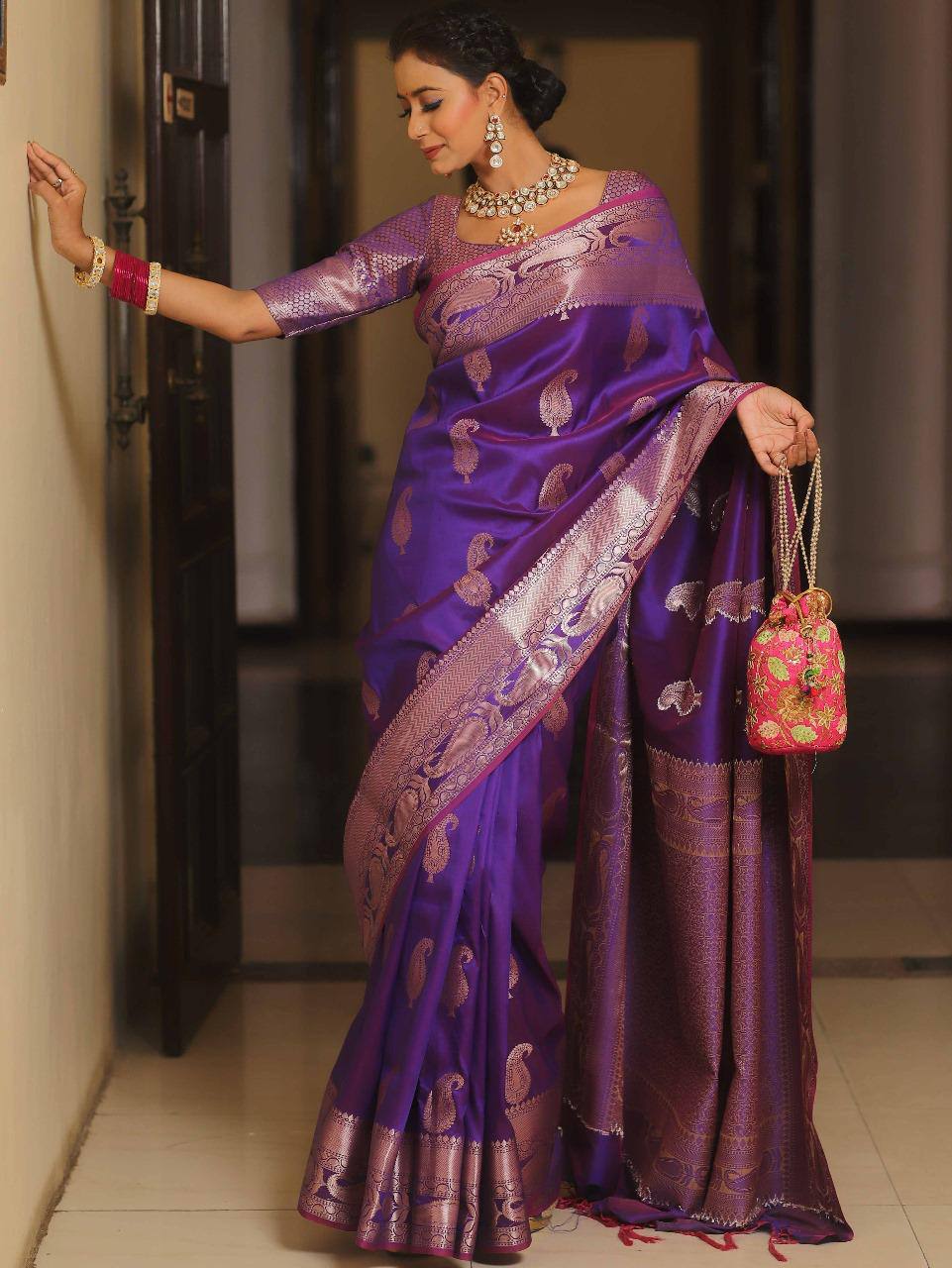 Purple Kanchipuram Silk Saree with Silver Zari Work