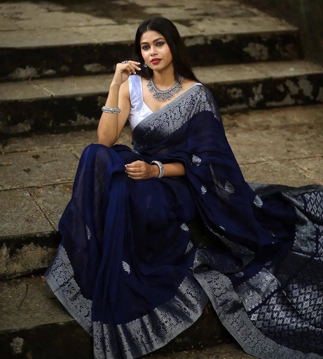 Navy Blue Banarasi Silk Saree with Silver Zari Border