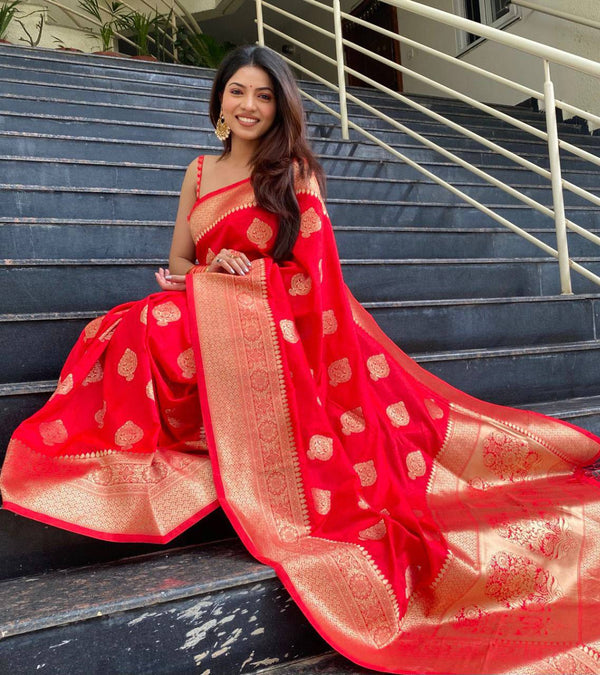 Traditional Red Banarasi Silk Saree with Golden Brocade Work