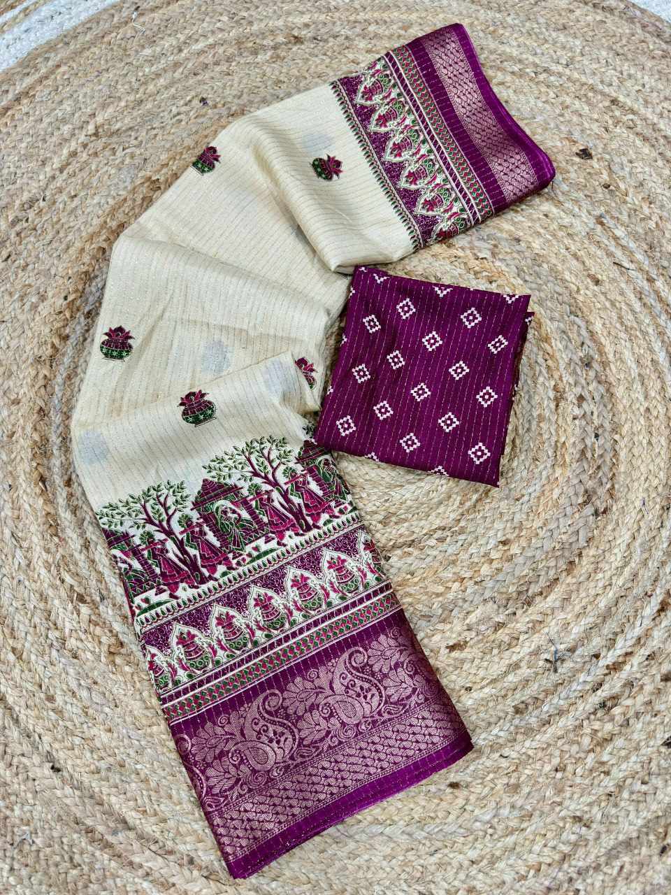 Women's Wine Dola Zari Saree with Kalash Motif, Traditional Woven Border & Unstitched Blouse