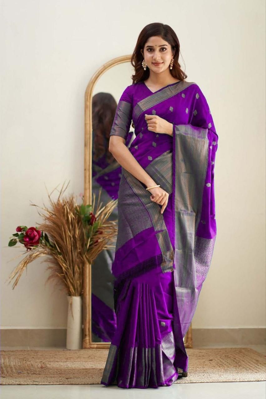 Purple Chanderi Silk Saree with Silver Zari Border and Buti Work