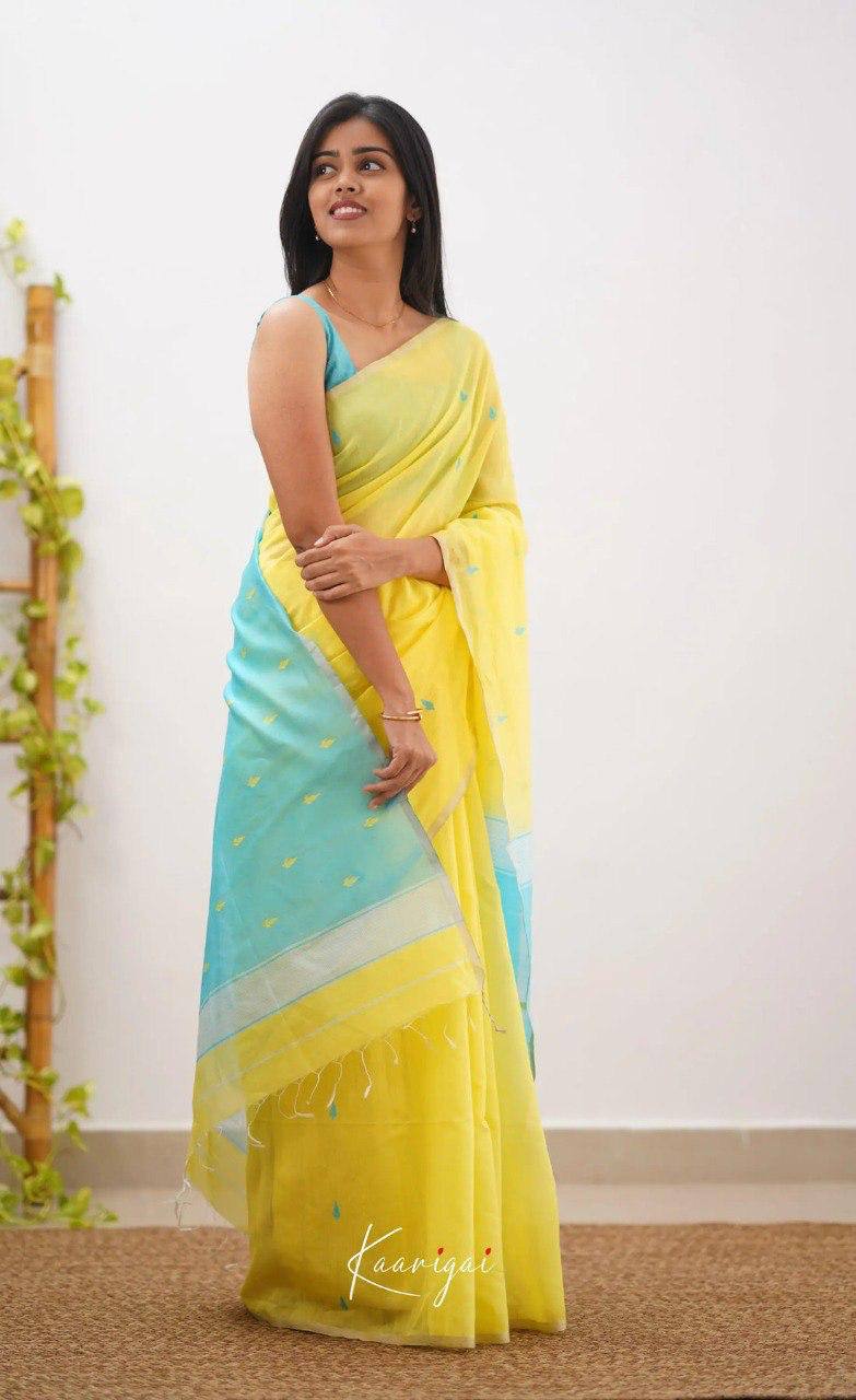 Yellow Linen Saree with Blue Border and Buttas