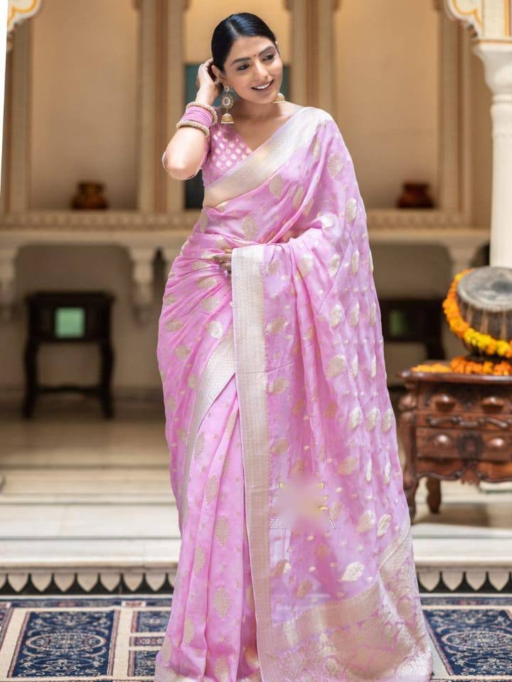 Pink Banarasi Silk Saree with Golden Zari Work and Embroidered Blouse
