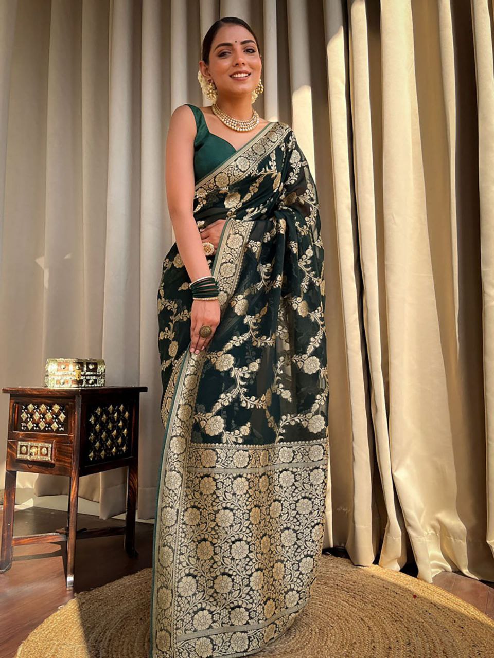 Black and Gold Banarasi Silk Saree with Floral Zari Work