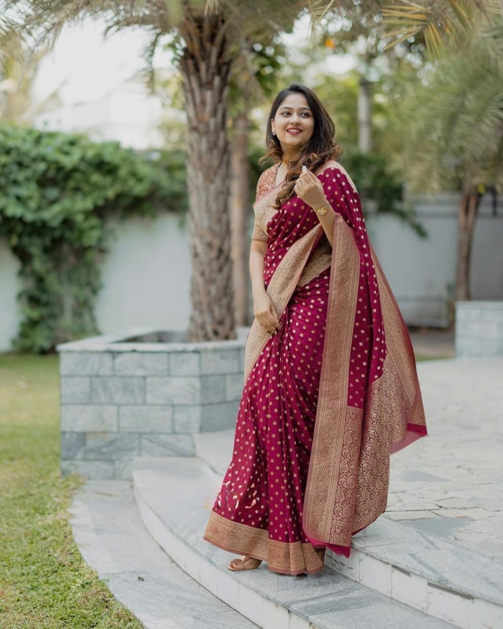 Maroon Banarasi Silk Saree with Golden Buti Work and Embroidered Blouse