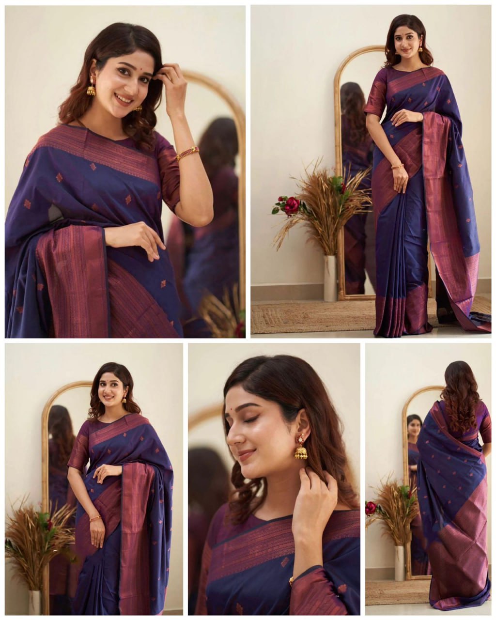 Navy Blue Silk Saree with Maroon Border and Pallu